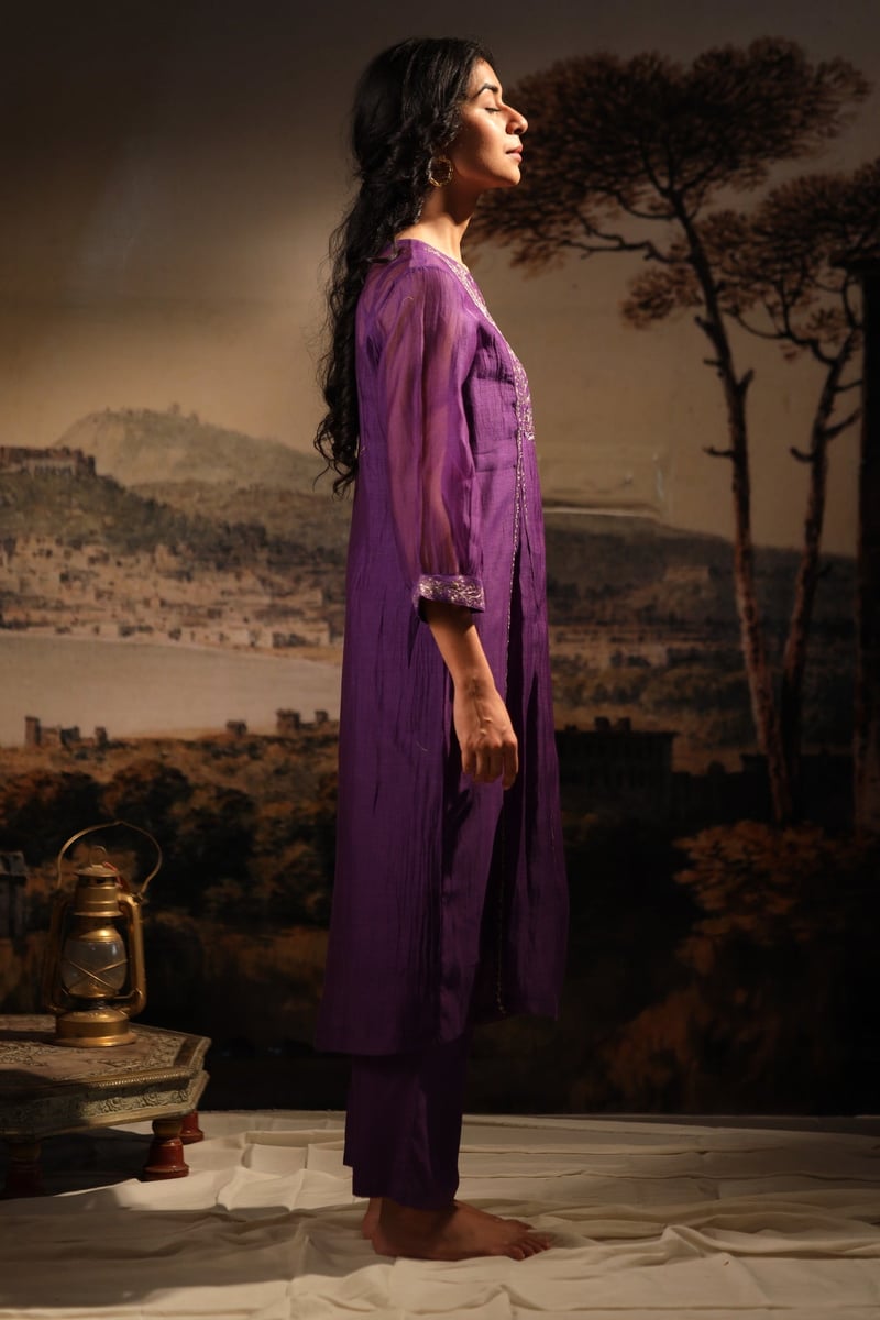 Purple Chanderi Embroidered Kurta Set with Pants and Slip