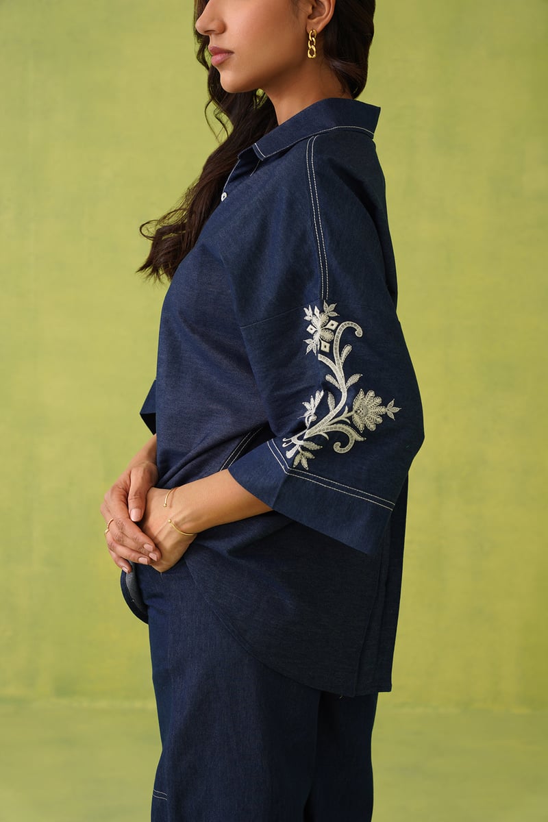 Denim Blue Embroidered Shirt and Wide-Leg Co-ord Set