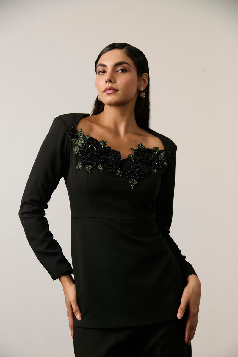 Black Embellished Peplum Top and Wide-Leg Co-ord Set