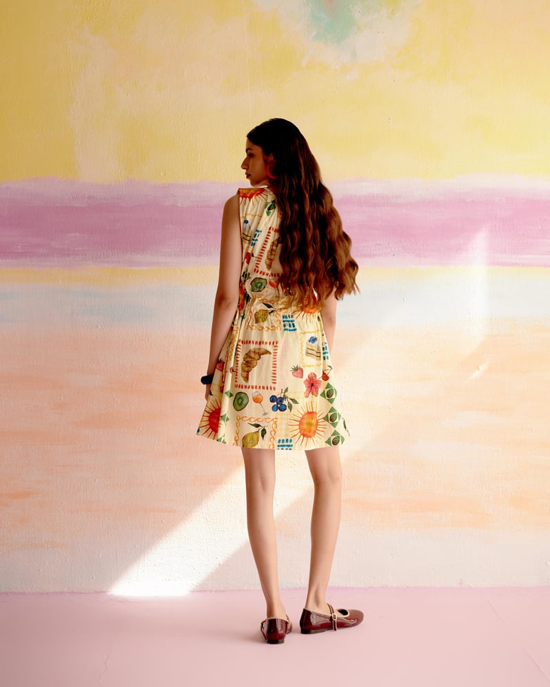 Yellow Tropical Print Sleeveless Cotton Knee-Length Dress