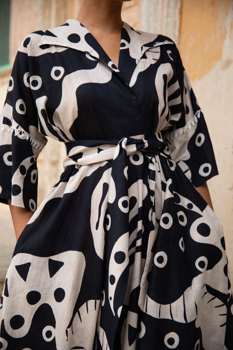 Black/Beige Abstract Printed Belted Midi Dress