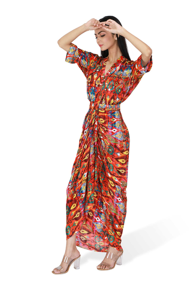 Red Marrakech Print Draped Wrap Midi Dress