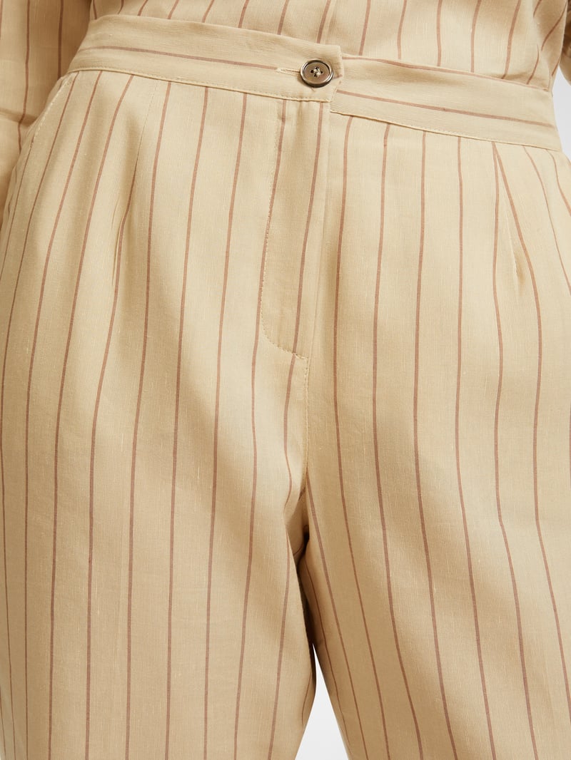 Sand Pinstripe High-Waist Straight-Leg Trousers