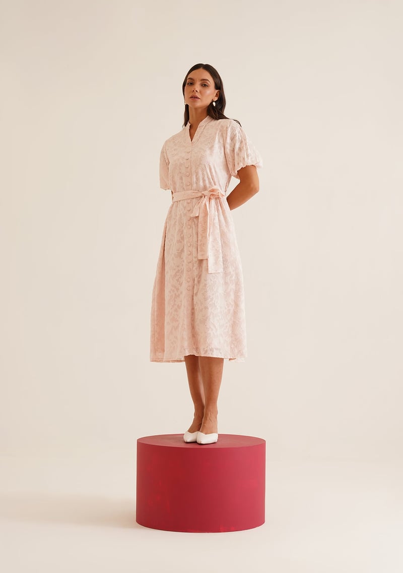 Baby Pink Textured Button-Front Midi Dress with Belt