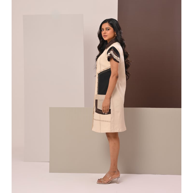 Beige and Black Colorblock Utility Shirt Dress