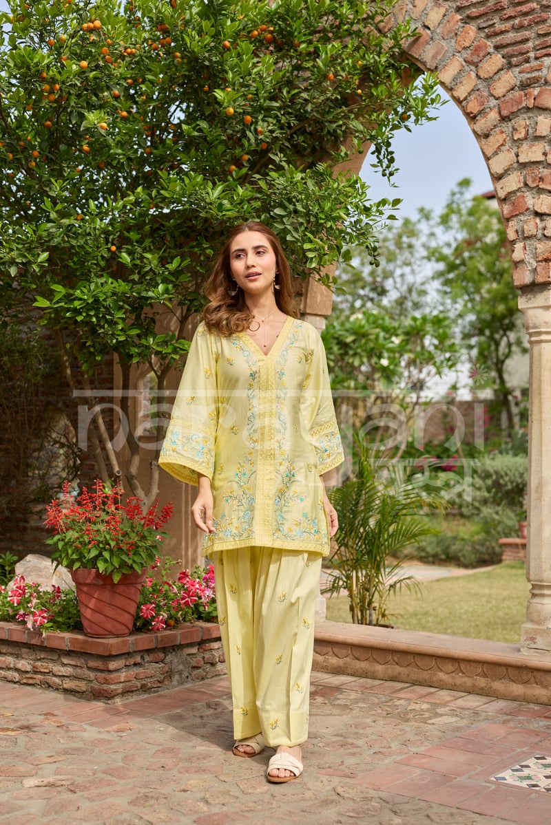 Yellow Cotton Embroidered Kurta Co-ord Set with Farshi Salwar