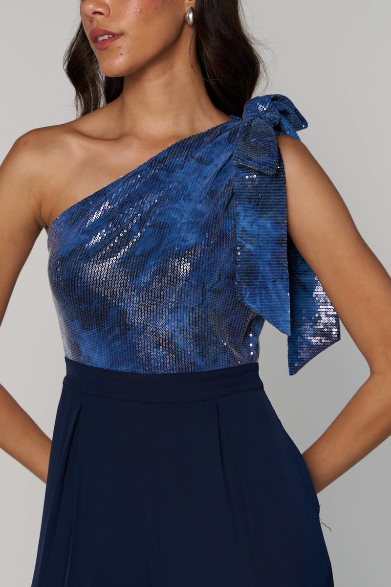 Blue One-Shoulder Sequin Wide-Leg Jumpsuit