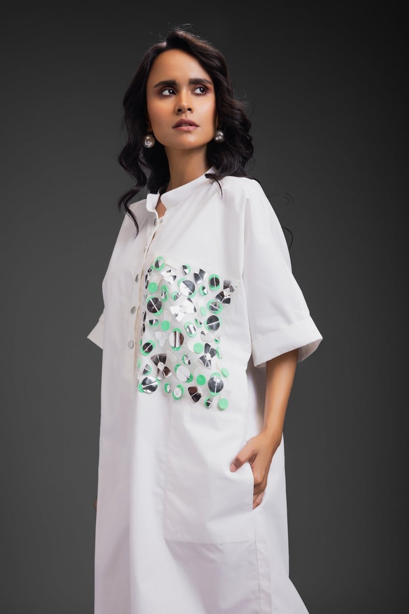 White Relaxed Shirt Dress with Statement Pocket