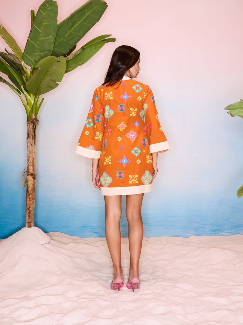 Orange Linen Printed Mini Kaftan Dress with Tie-Up Neck