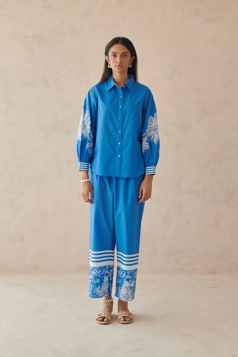 Blue Cotton Shirt with Floral Sleeve Placement Print