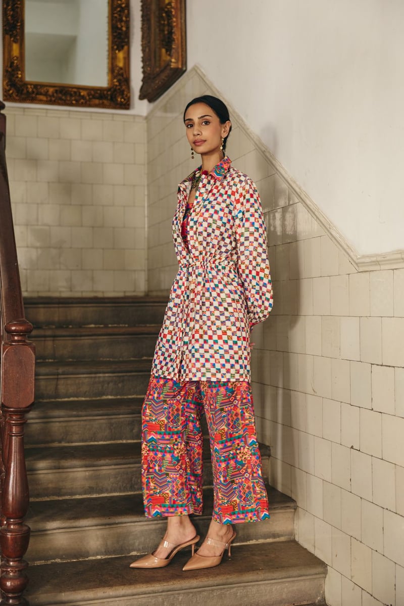 Multicolor Printed Satin 3-Piece Co-ord Set