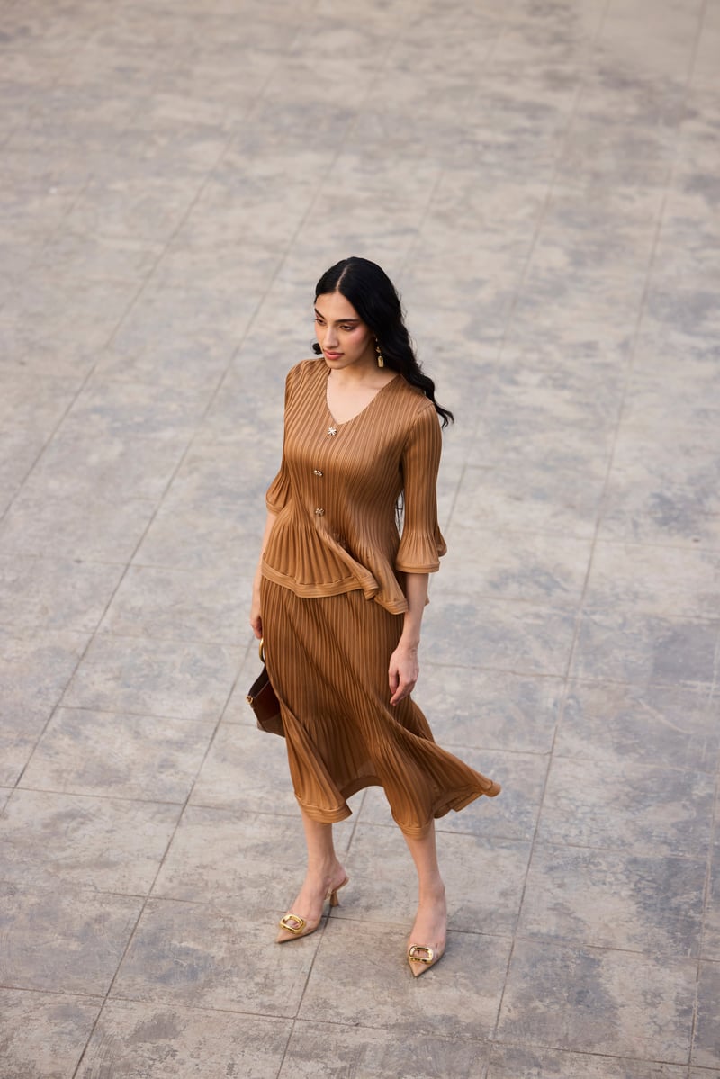 Mocha Pleated Top and Midi Skirt Co-ord Set
