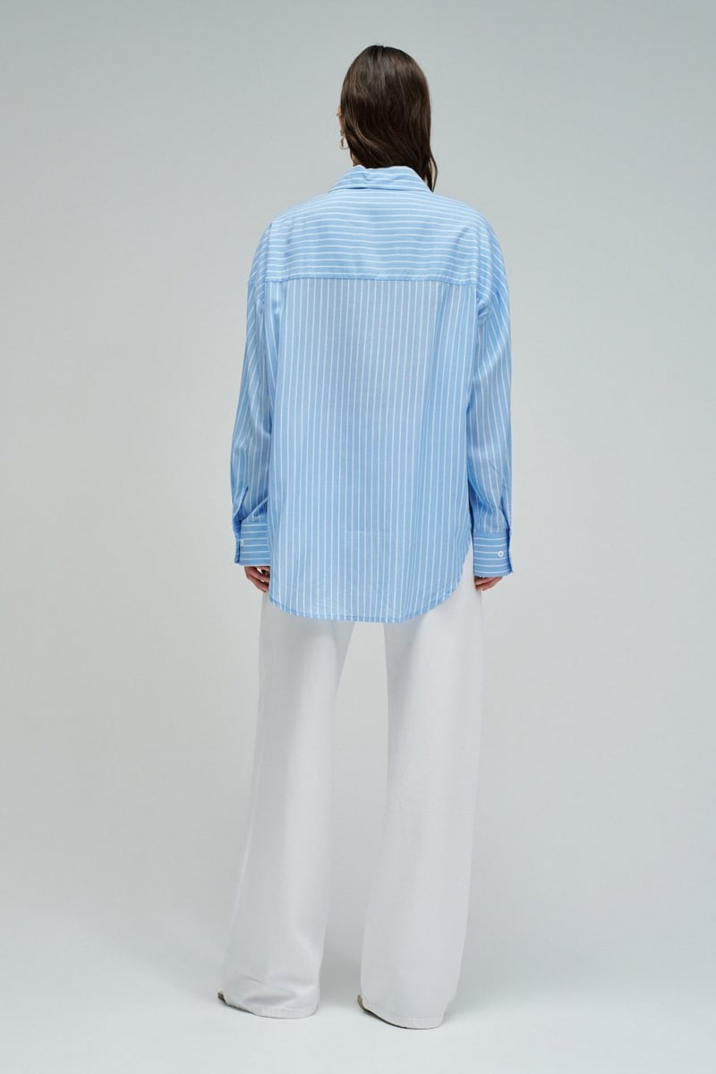 Blue Striped Button-Down Shirt with Lace Detail