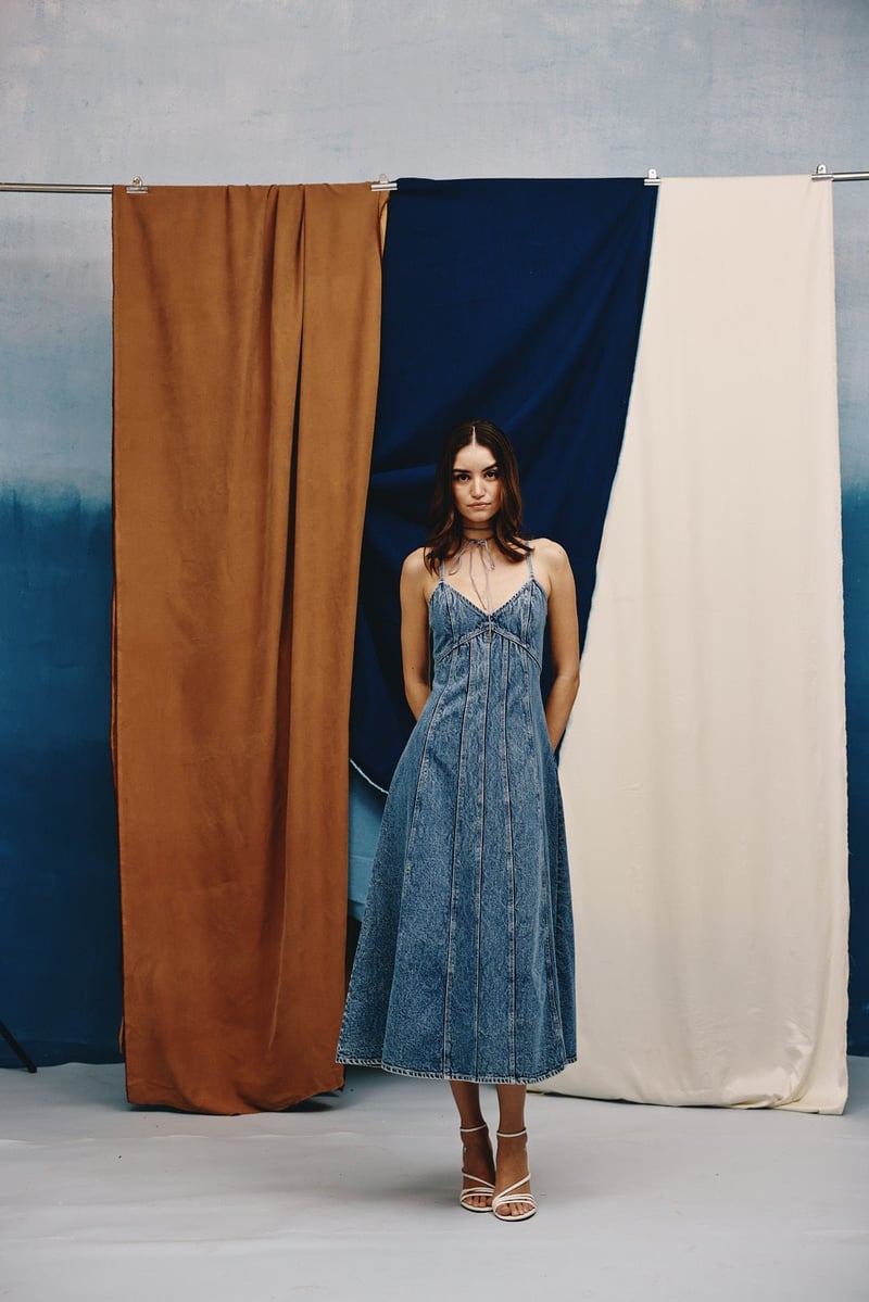 Acid-Washed Indigo Denim Fit and Flare Midi Dress