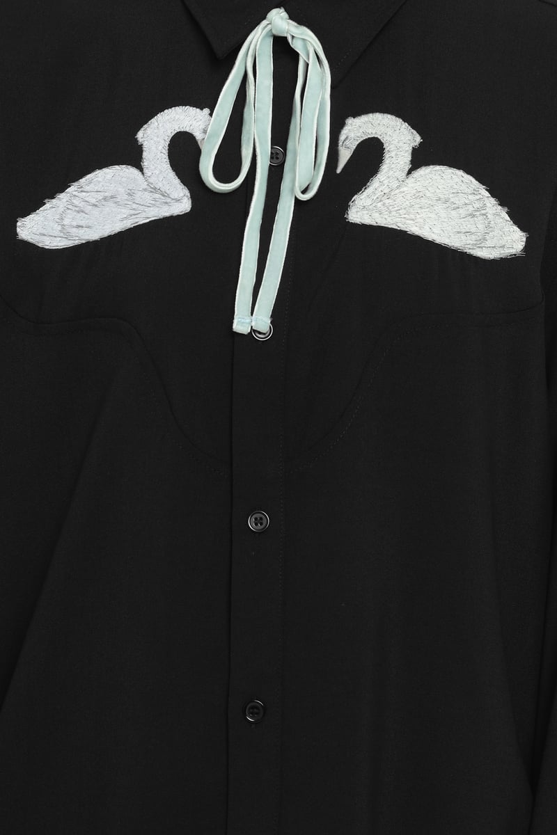 Black Oversized Swan Embroidered Shirt with Satin Necktie