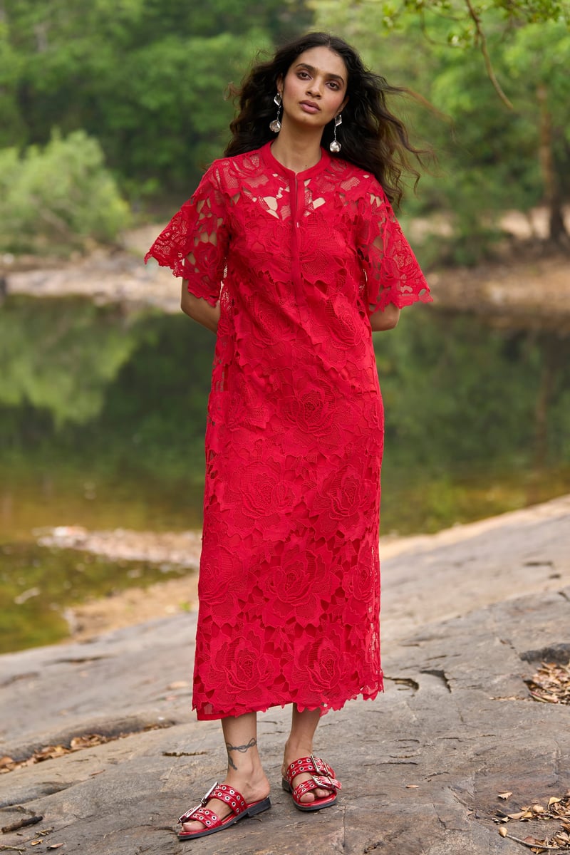 Red Lace Midi Dress with Band Collar and Flared Sleeves