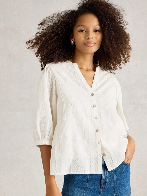Natural White Embroidered Button-Front V-Neck Top
