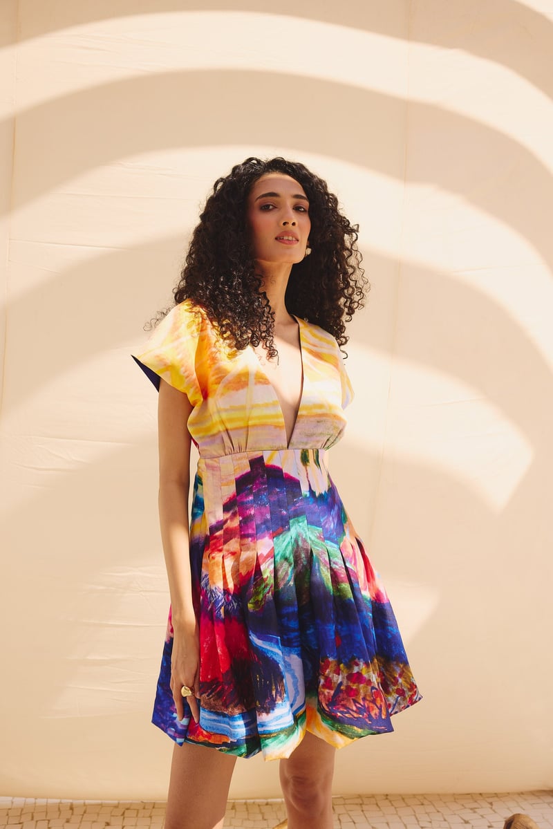 Multicolor Abstract Print Fit and Flare Mini Dress