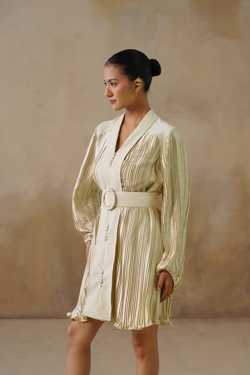 Champagne Gold Pleated Mini Dress with Belt