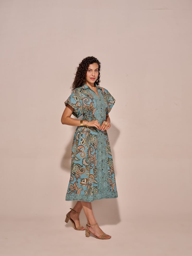 Blue Paisley Print Midi Shirt Dress with Waist Ties