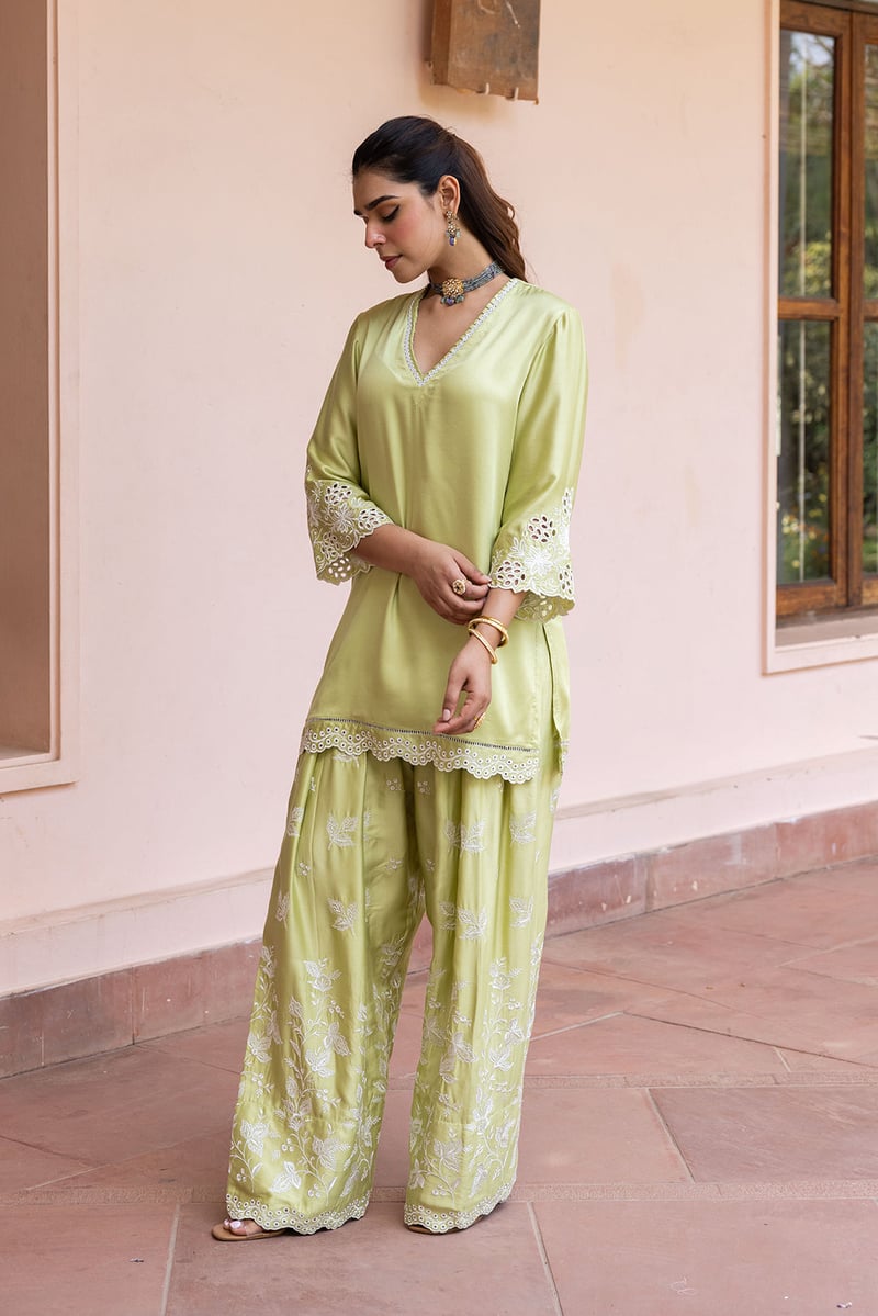 Green Cutwork Tunic and Farshi Pants Co-ord Set