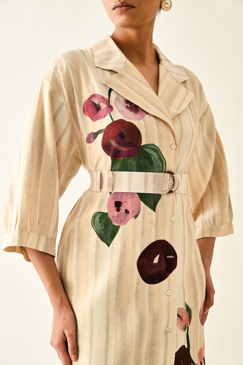 Off White Abstract Print Belted Midi Trench Shirt Dress