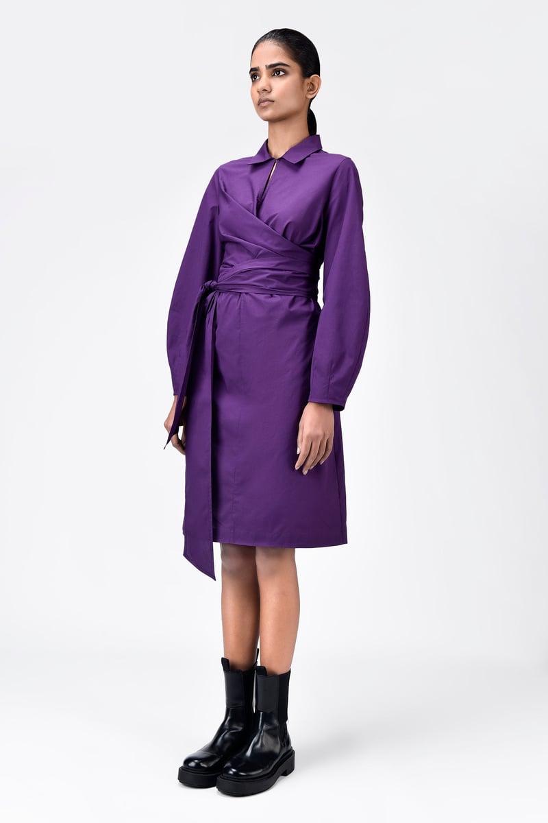Amethyst A-Line Collared Wrap Dress with Tie-Up Waist