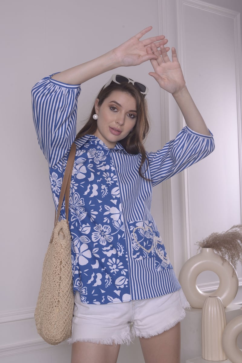 Blue and White Mixed Print Shirt with Lace-Trim Pocket