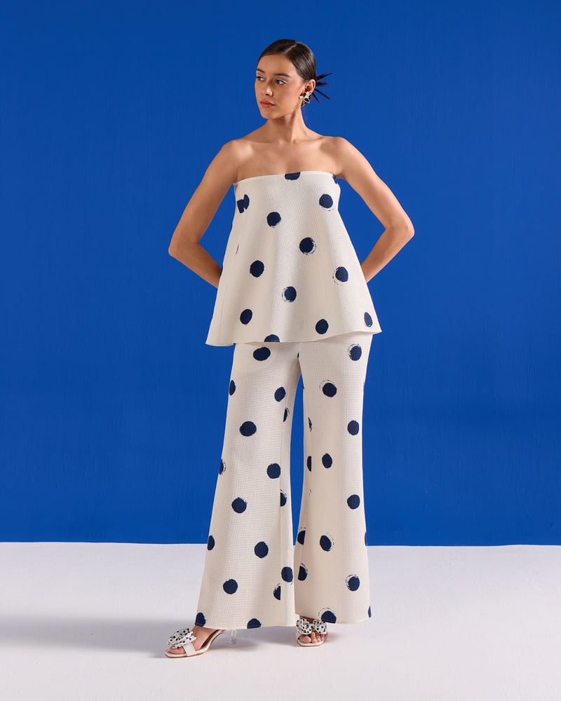 Blue/White Strapless Polka Dot Cotton Waffle Dress — ZAZU