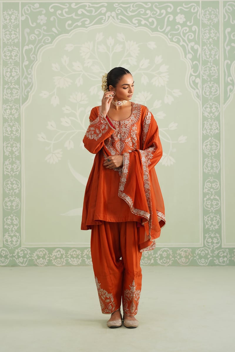 Orange Embroidered Chanderi Kurta Set with Salwar