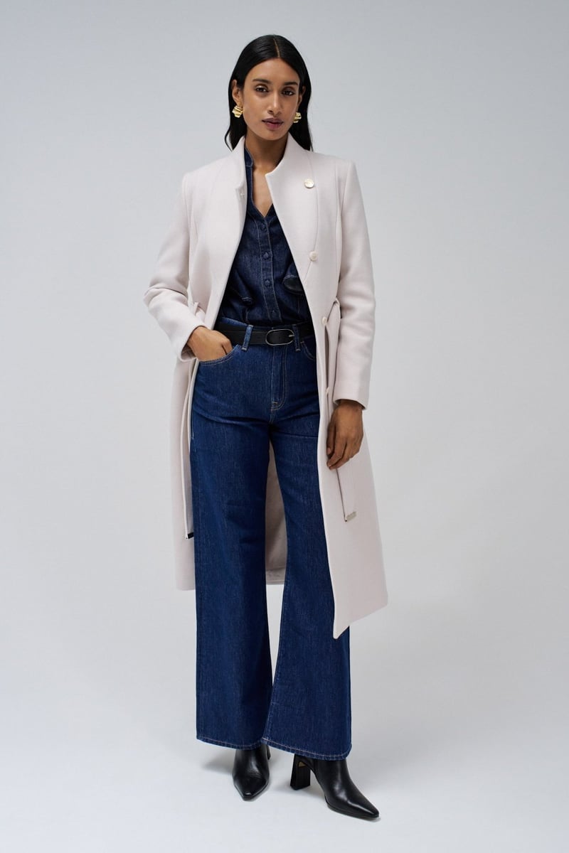 Light Pearl Longline Wool-Blend Belted Coat