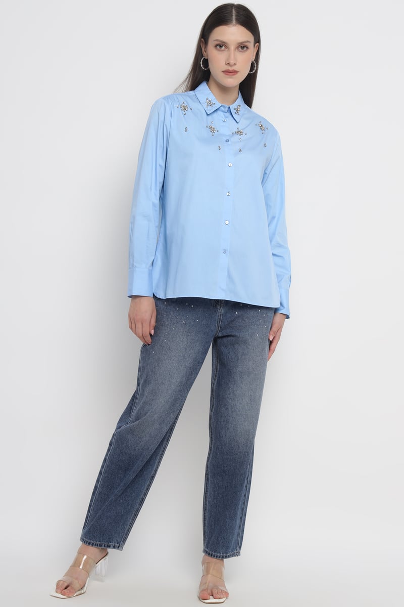 Light Blue Embellished Cotton Button-Down Shirt