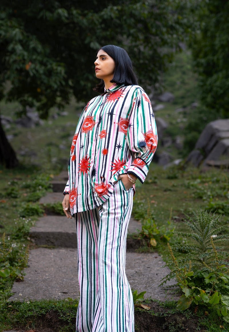 White and Green Striped Celestial Print Button-Down Shirt