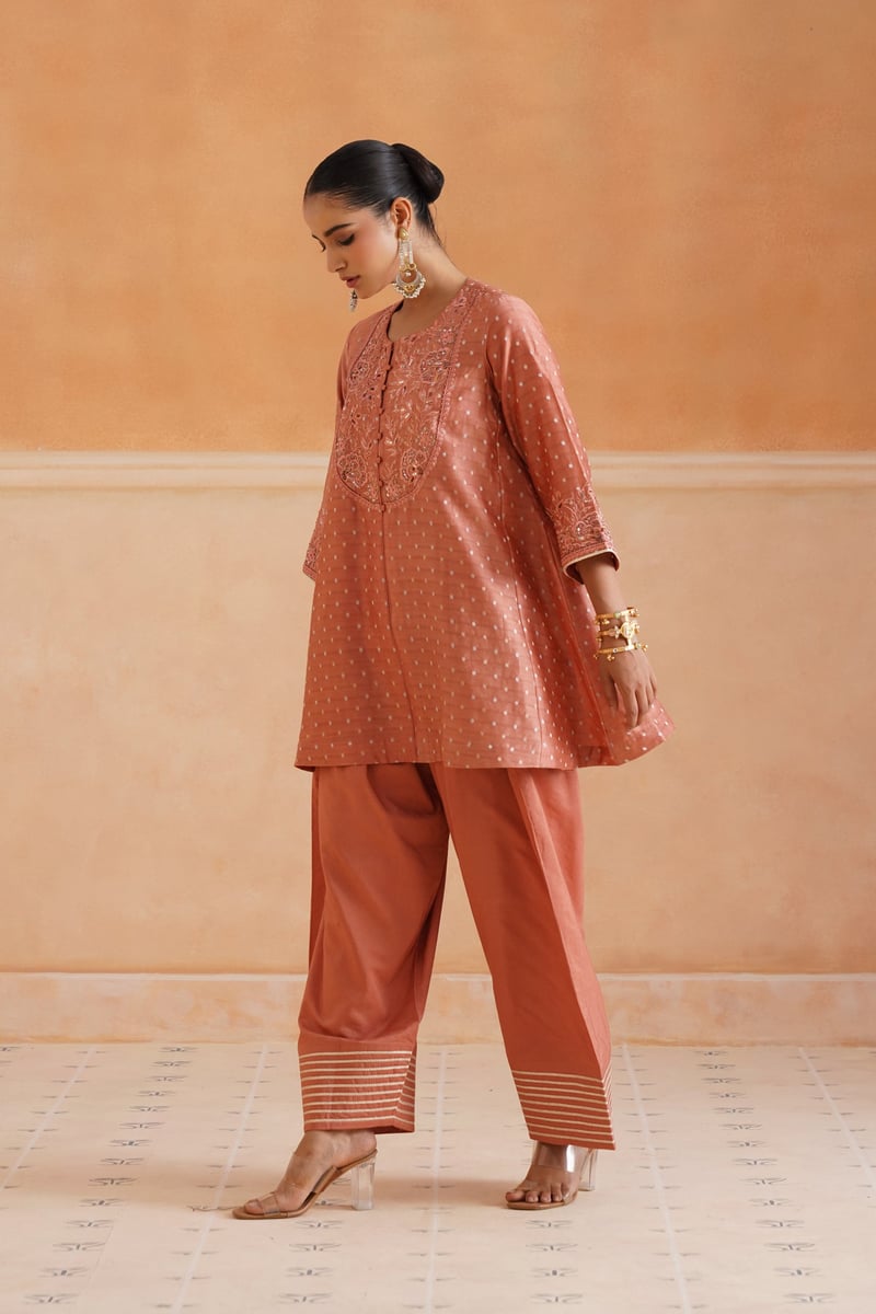 Peach Blush Embroidered Chanderi Kurta Set with Dupatta
