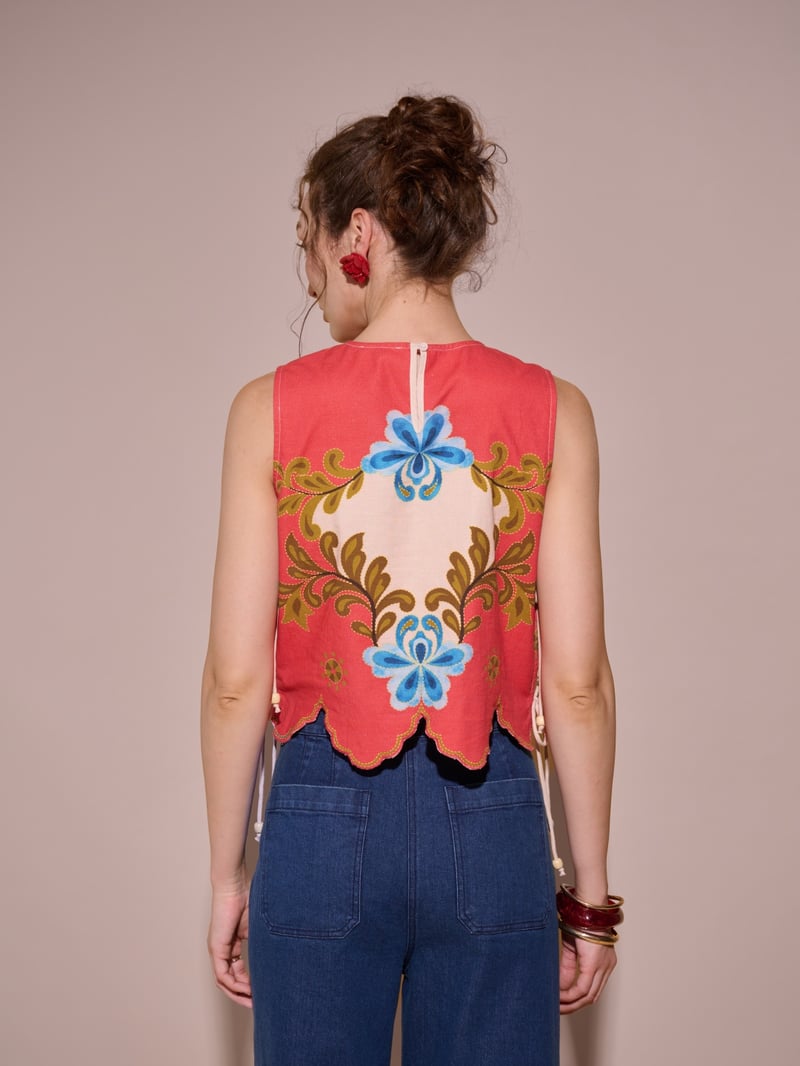 Beige Floral Printed Sleeveless Top with Side Ties