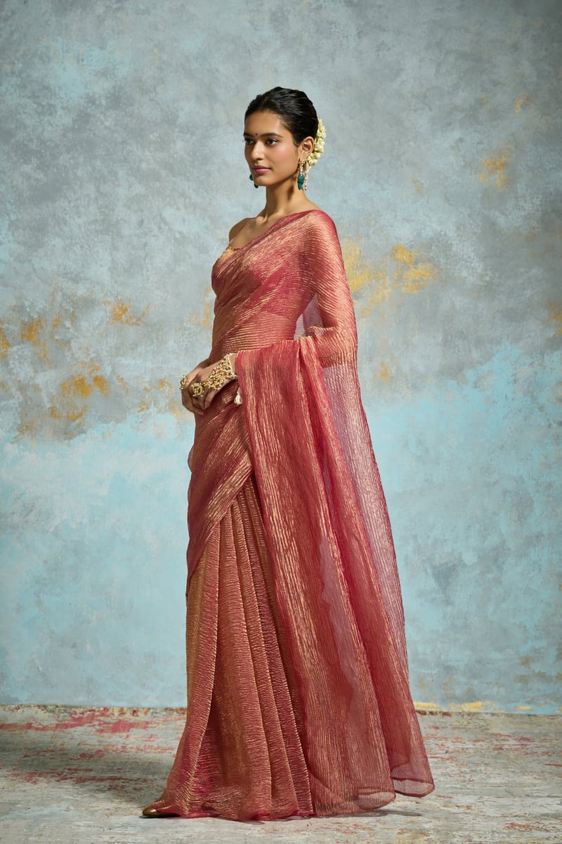 Deep Pink Gold Zari Crinkle Tissue Saree