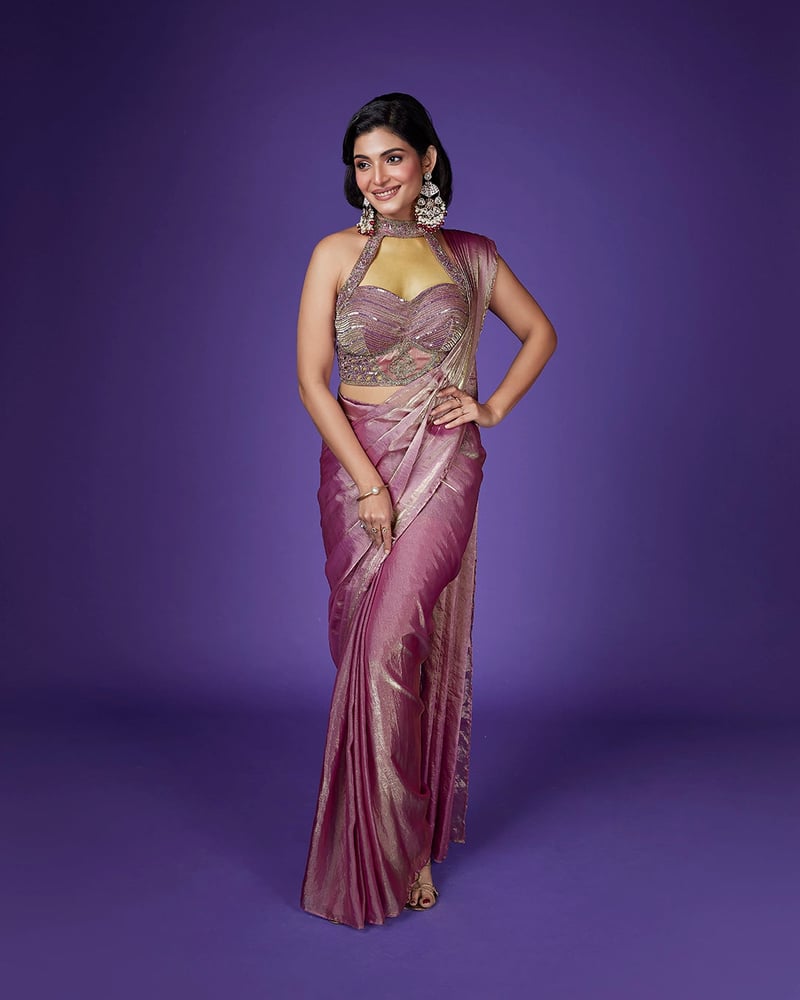 Pink Shimmer Tissue Saree with Embellished Halter Blouse