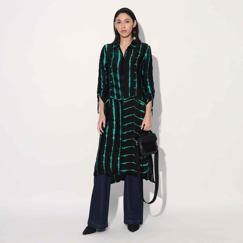 Green/Black Shibori Striped Satin Midi Shirtdress — Linetribe