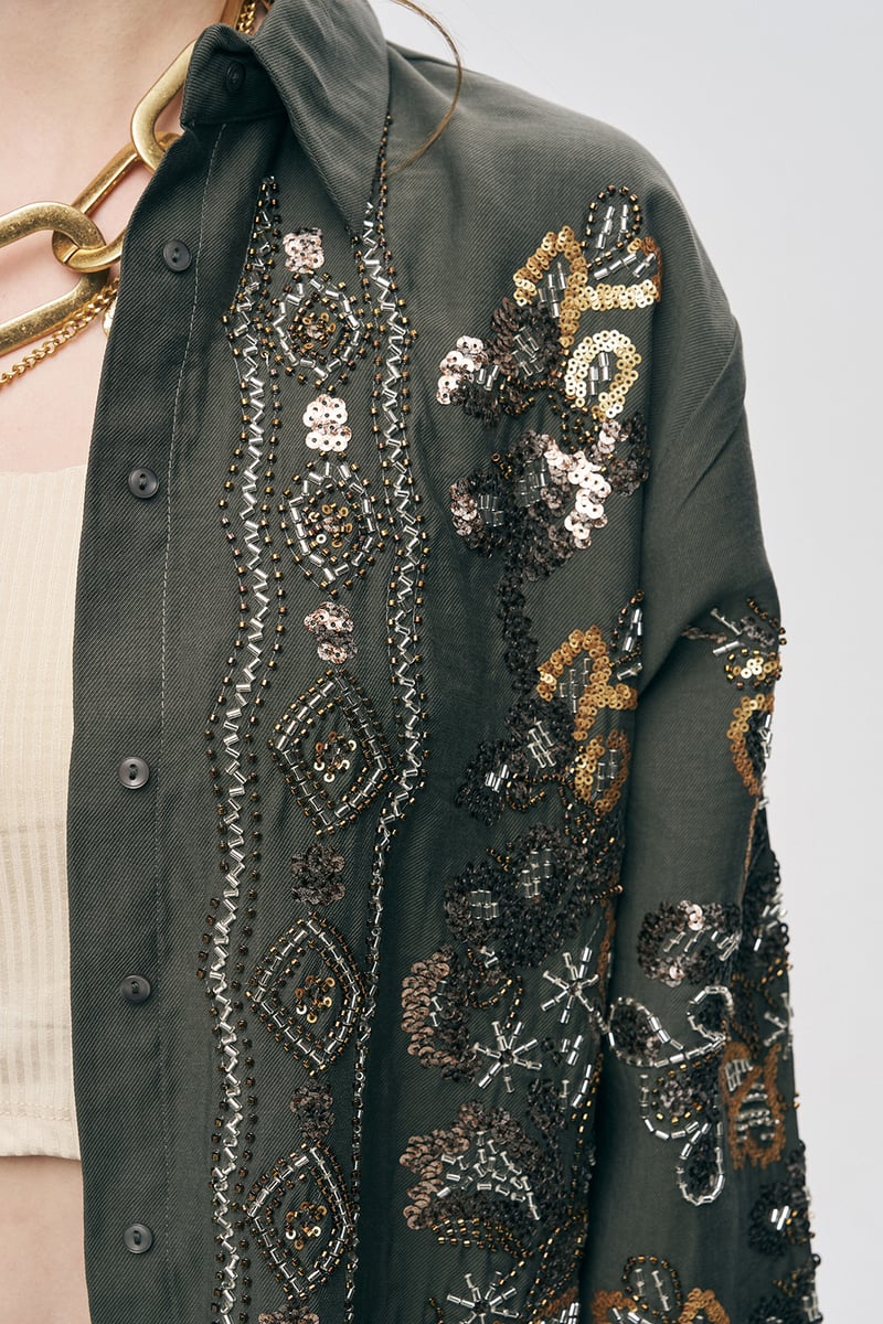 Olive Embellished Longline Button-Down Shirt