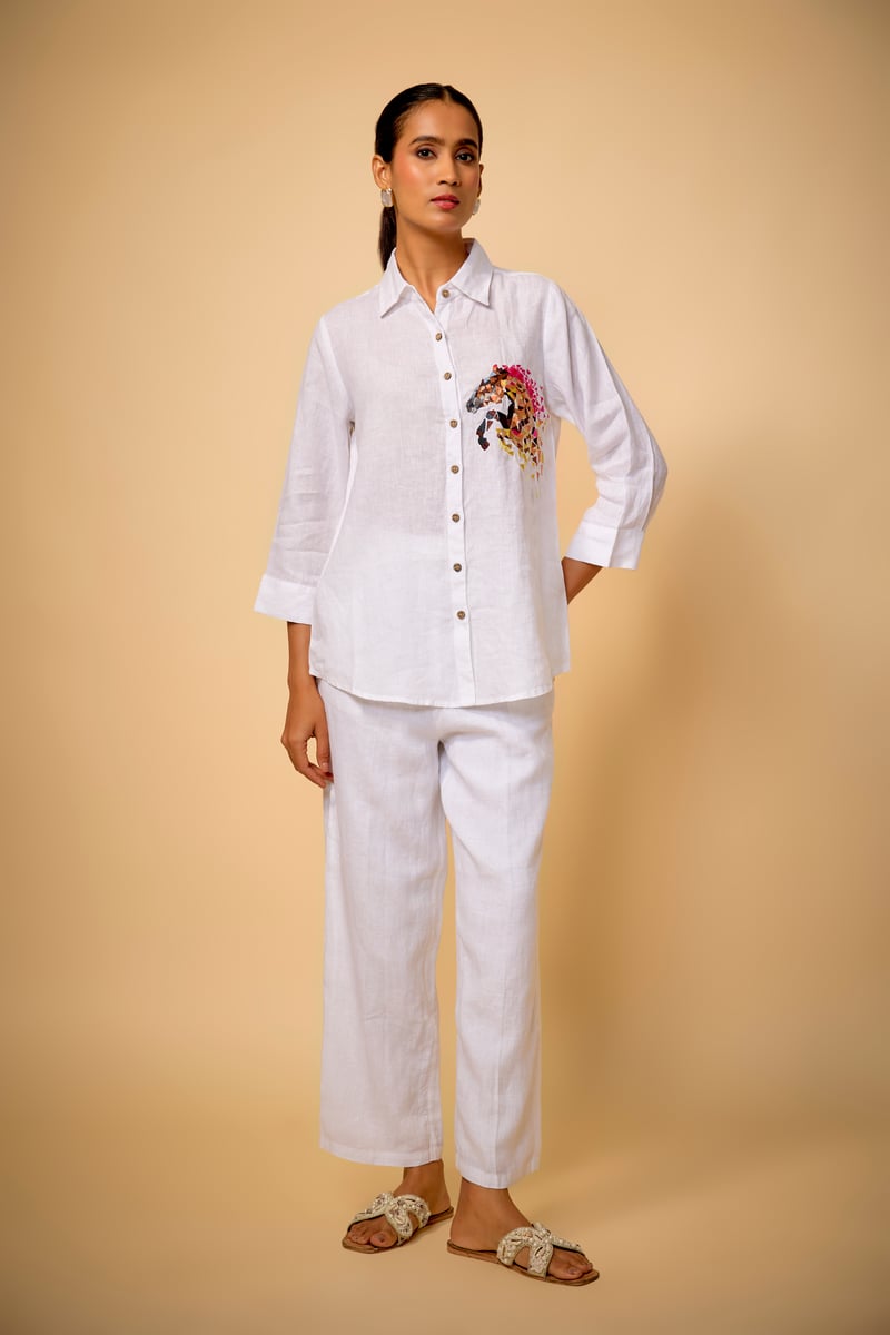 White Linen Relaxed-Fit Shirt with Chest Embroidery