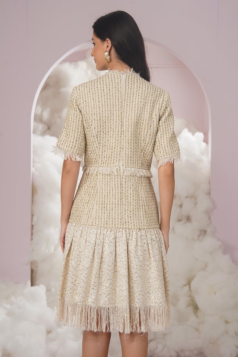 White Textured Tweed Sequin Tiered Knee-Length Dress