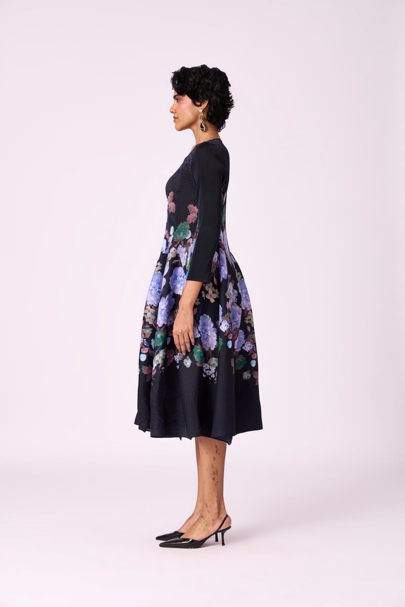Black Floral Pleated Fit and Flare Midi Dress