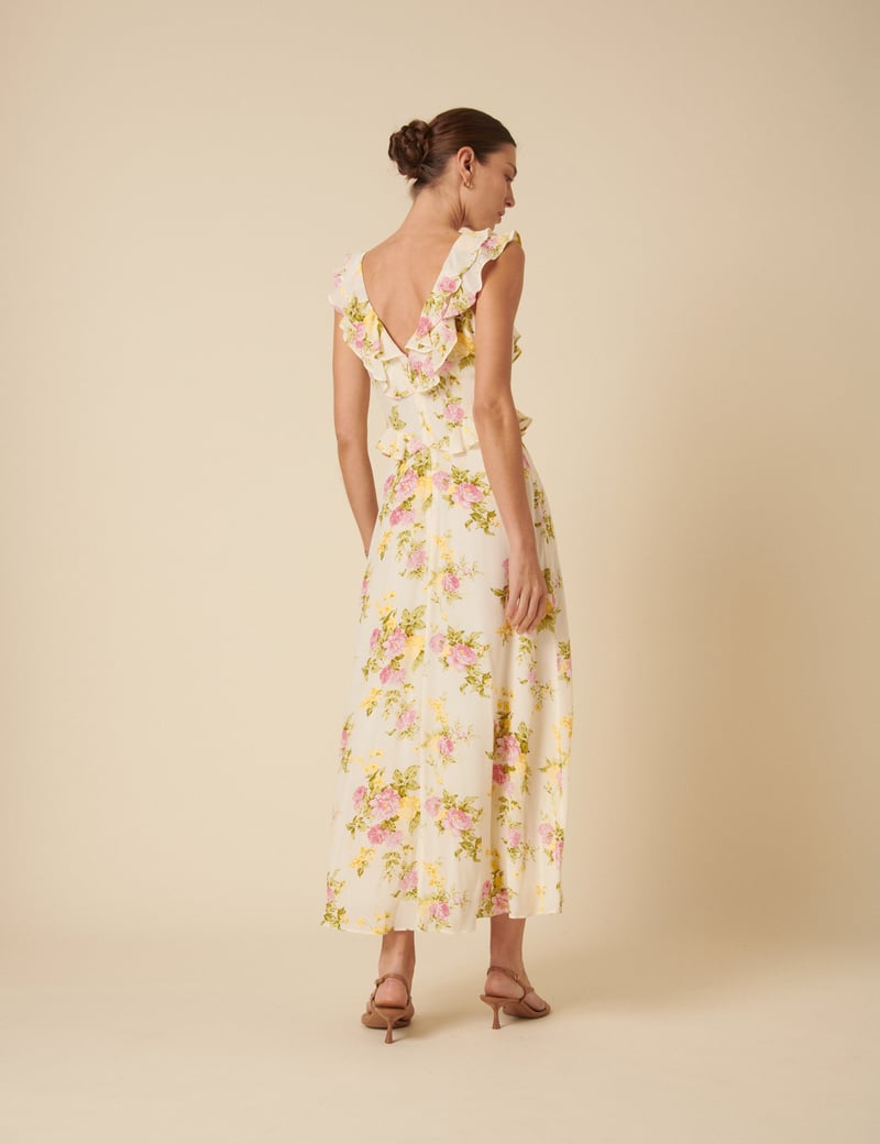 White Floral Ruffle Trim Slip Midi Dress