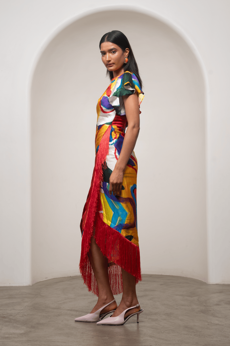 Multicolor Abstract Print Satin Fringe Midi Dress