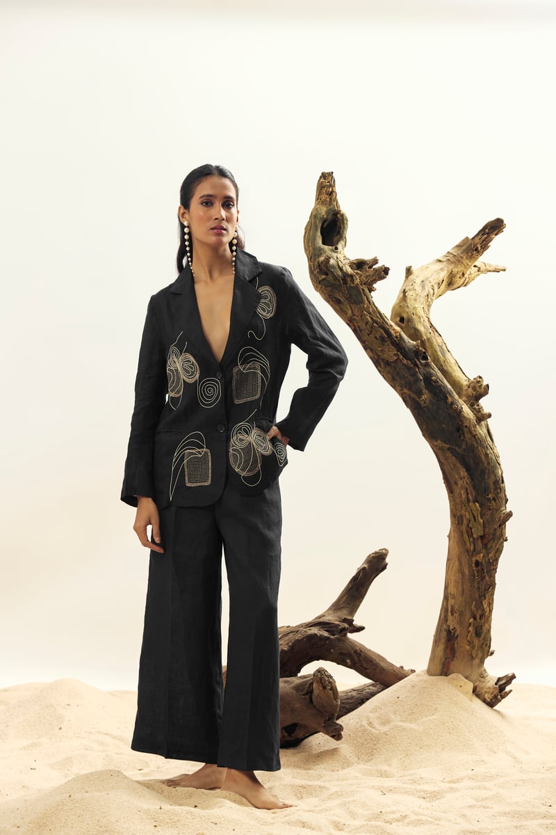 Black Linen Tailored Blazer with Line-Art Embroidery