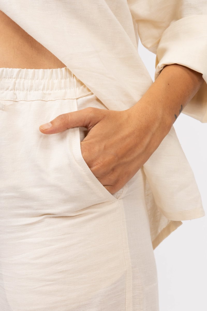 Off-White Cotton-Linen Wide-Leg Trousers with Painted Hem