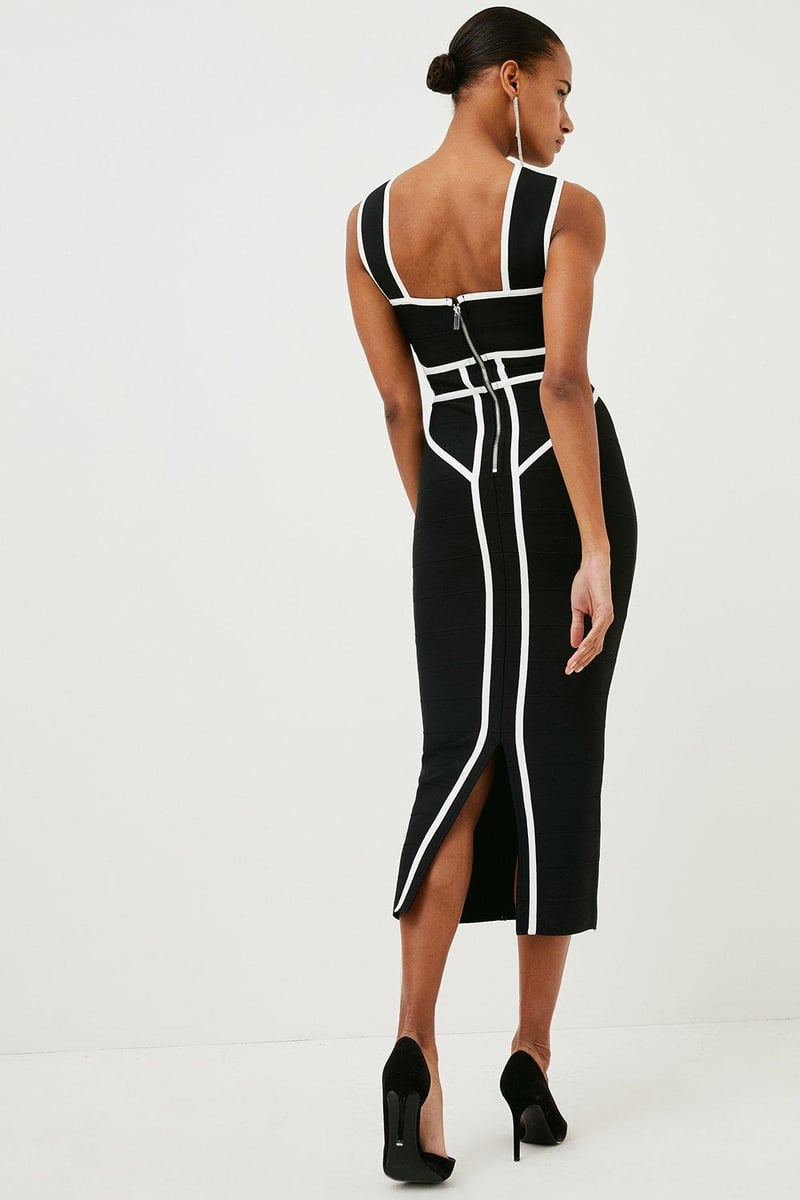 Mono Bandage Knit Bodycon Midi Dress with Contrast Lines