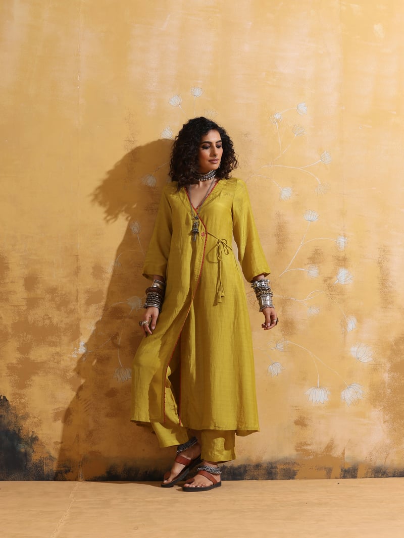 Lime Muslin Silk Angrakha Kurta and Pant Set