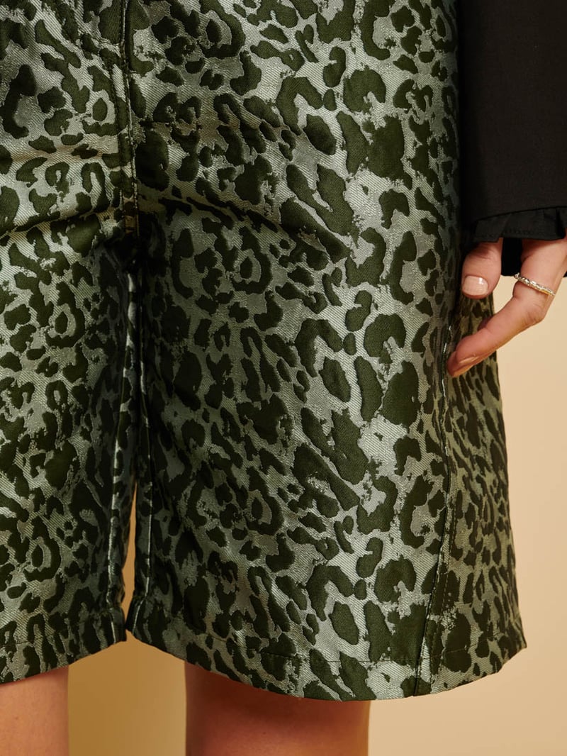 Green Leopard Print High-Rise Tailored Shorts