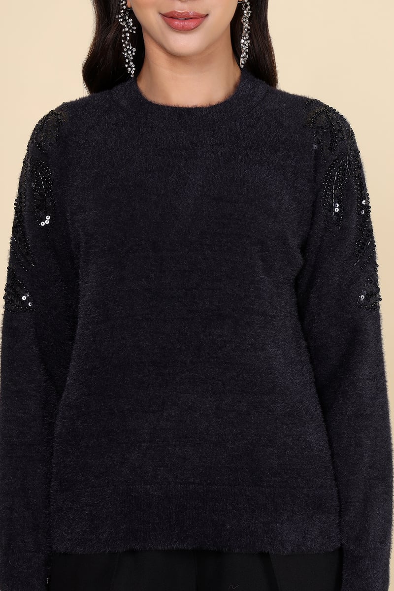 Black Embellished Shoulder Pullover Sweater